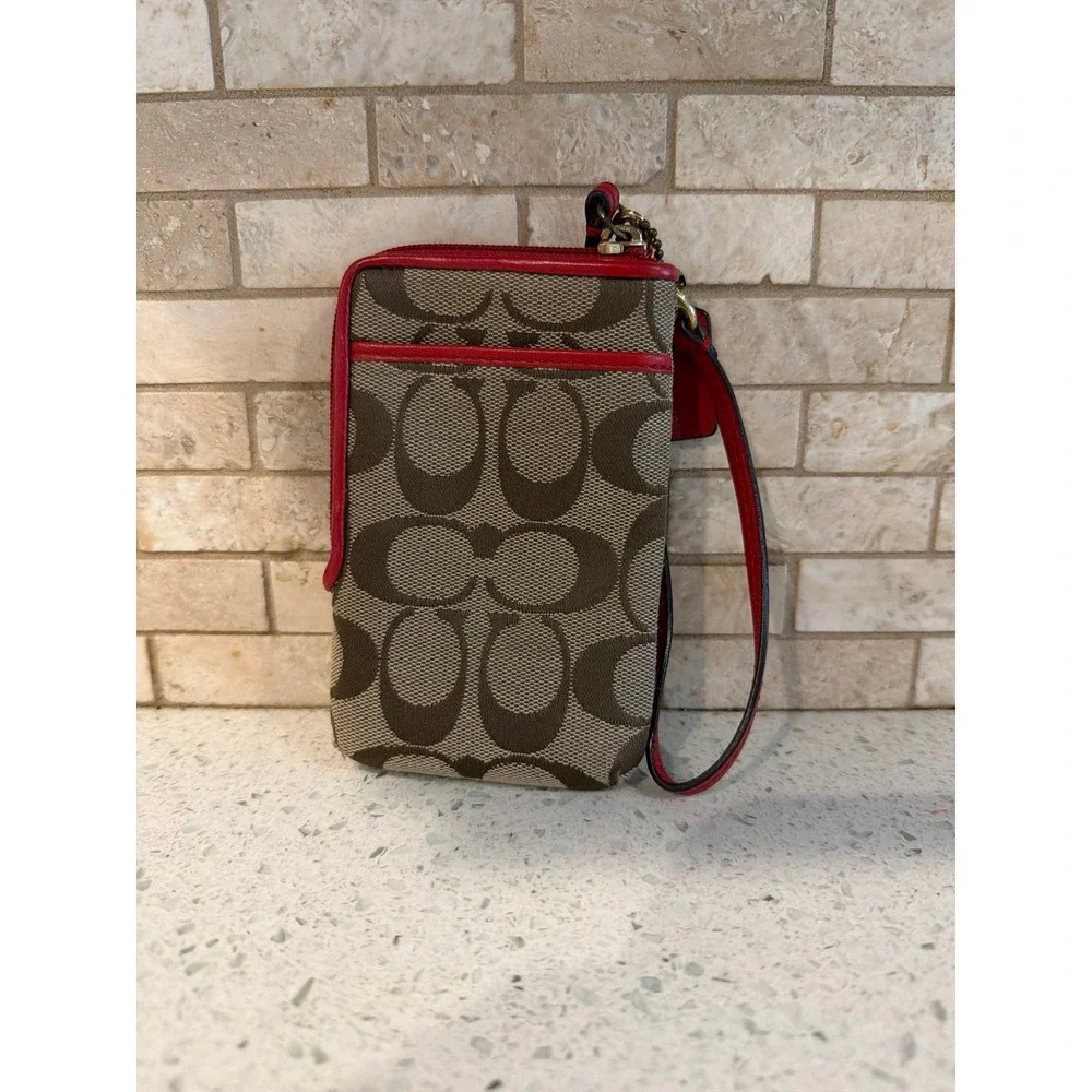 Coach Signature Canvas Wristlet Phone Case Red Brown Monogram Zip Pouch Wallet